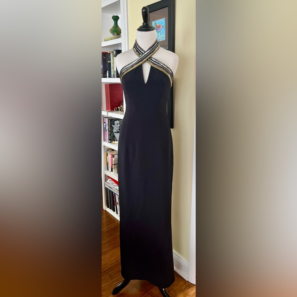 ESCADA Dress Formal Gown Black Sequin Stripe Trim Twist Halter Neck SZ 34/4 - Picture 6 of 16